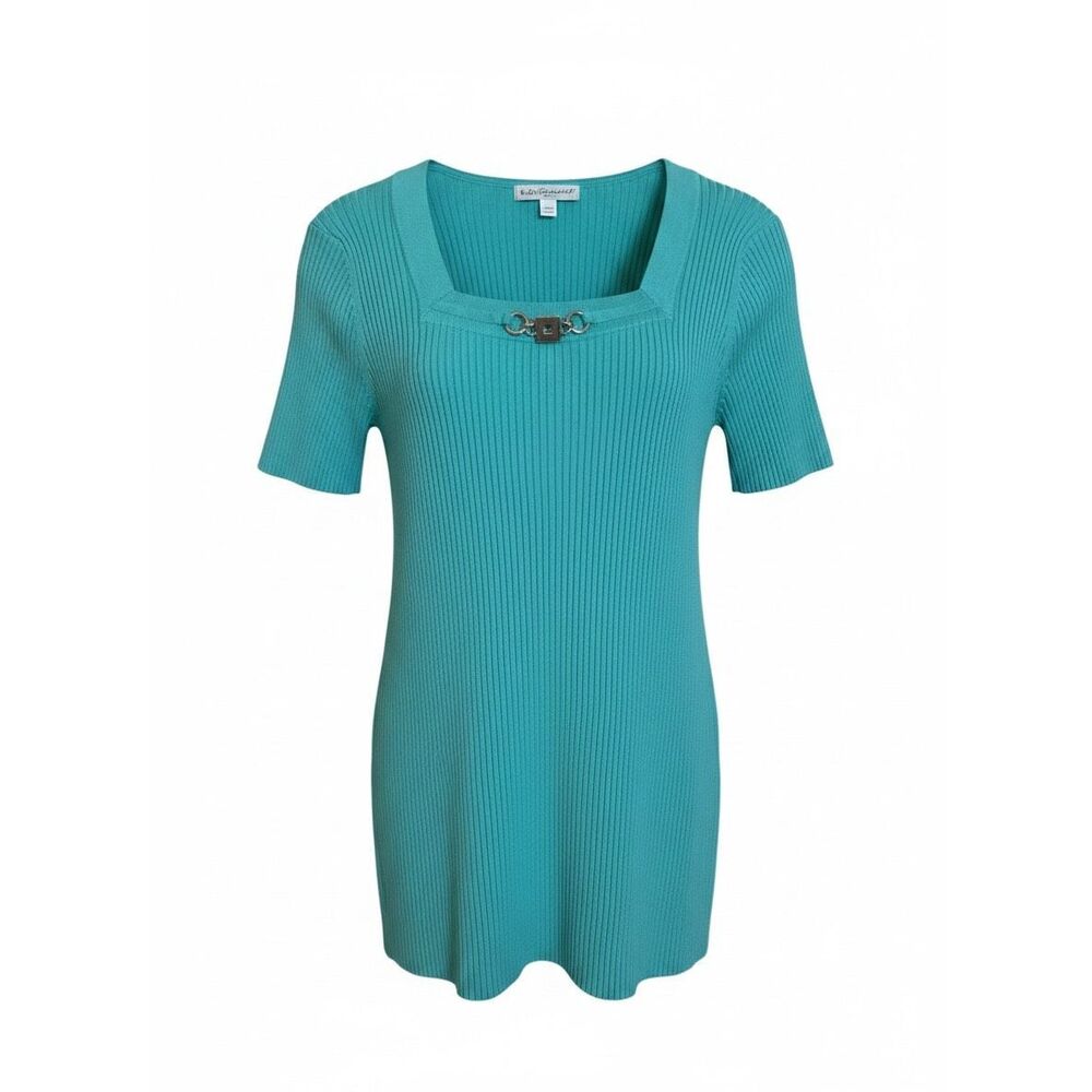 Requirements Ribbed Knit Square Neck Short Sleeve Blouse Teal Size XL
